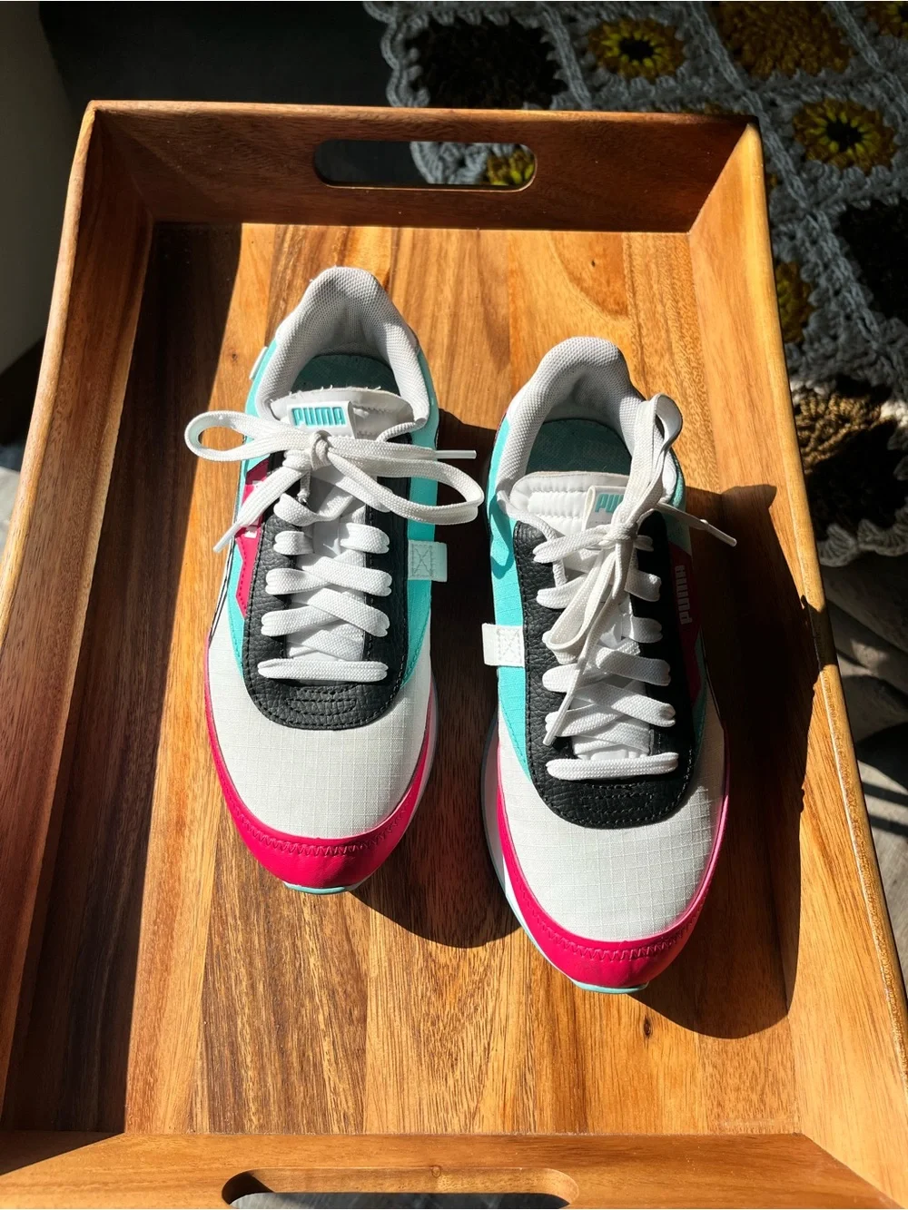 Puma Kids White Sneakers with Pink, Teal & Black Accents